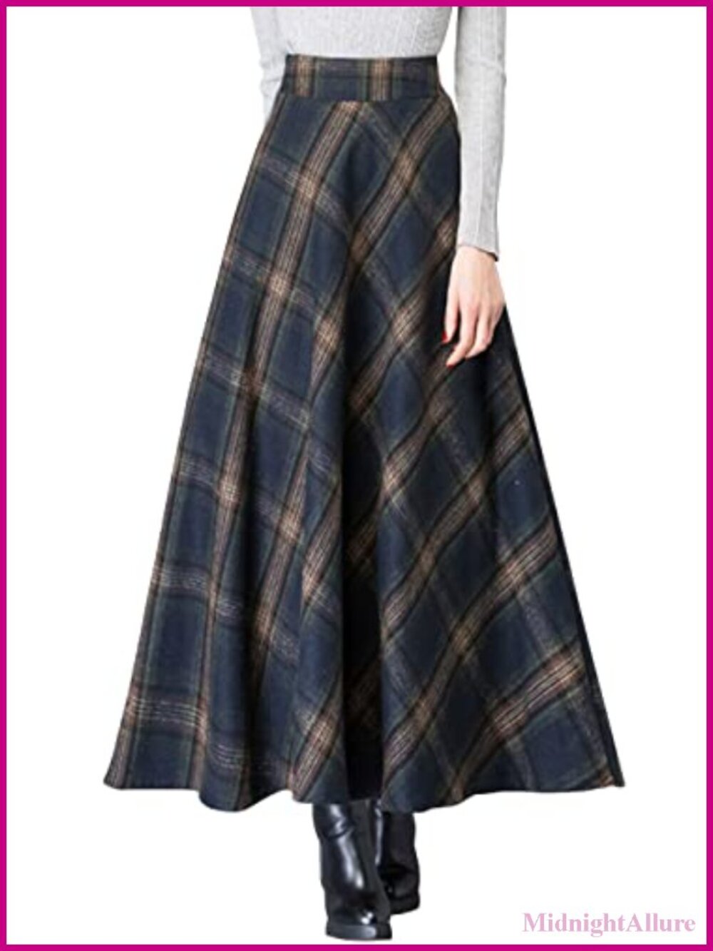 Women's High Waist Wool Blend Plaid A-Line Long Maxi Skirt with Pockets